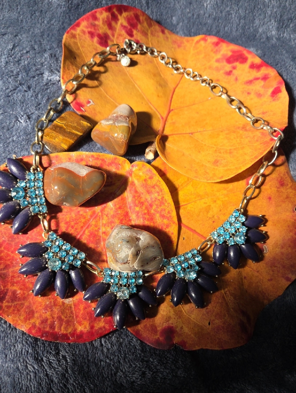 Vintage J. Crew Floral Blue Crystal Collar Statement Necklace.